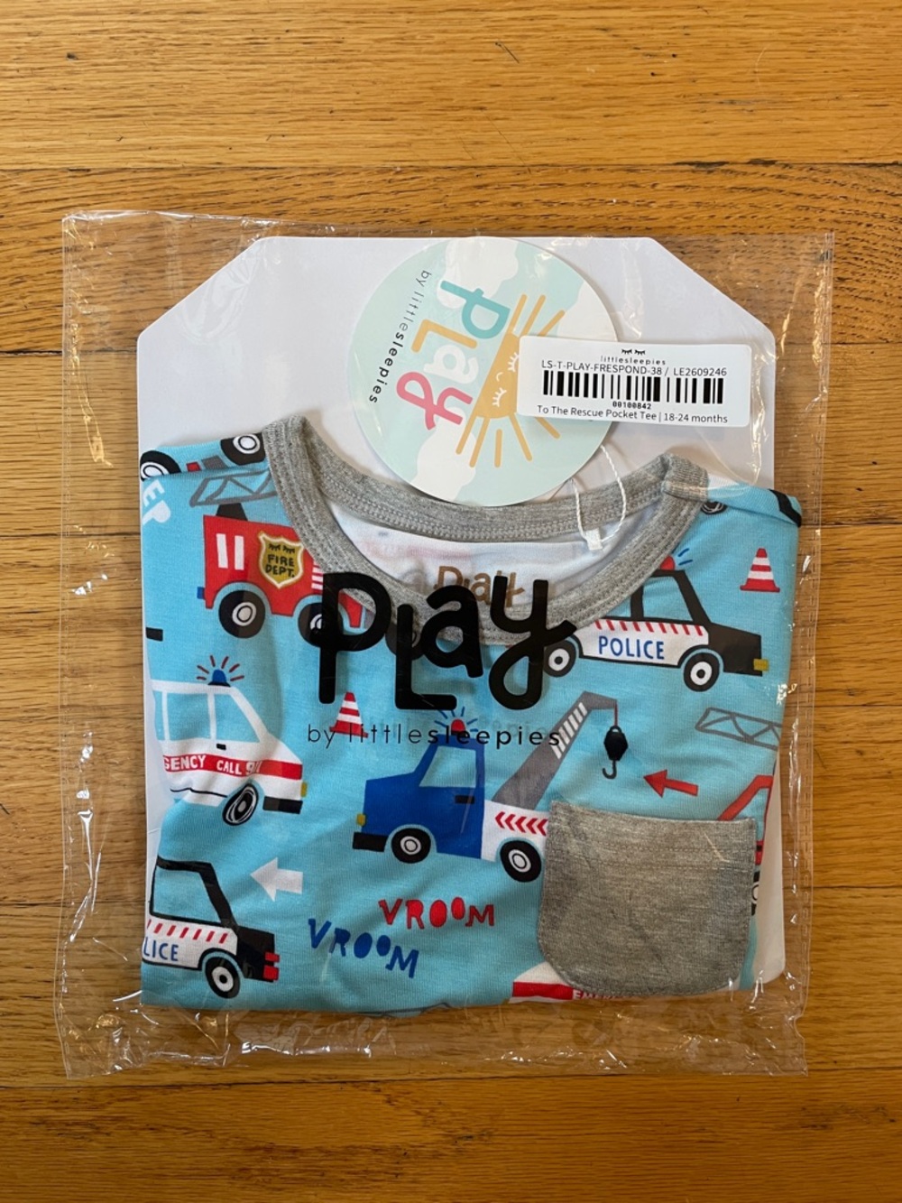 Little Sleepies Blue Rescue Vehicles Pocket Tee “To The Rescue”